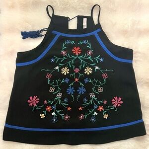 Xhilaration Embroidered Black Top with Vibrant Floral Design Size Small